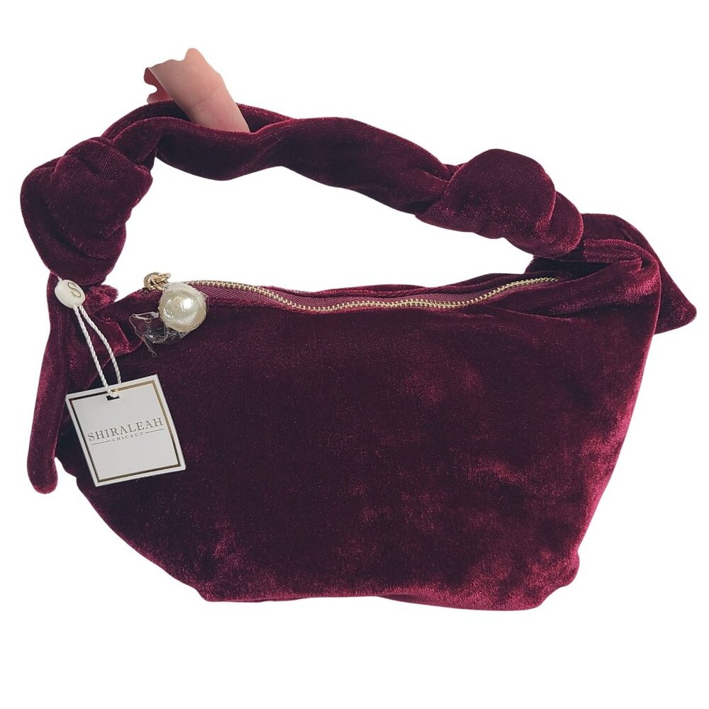 Shiraleah Becca Knotted Top Handle Bag Wine Velvet With Gold Zipper Pearl Charm